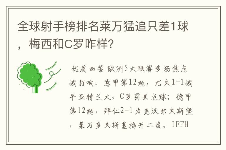 全球射手榜排名莱万猛追只差1球，梅西和C罗咋样？