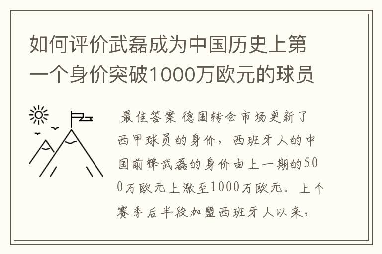 如何评价武磊成为中国历史上第一个身价突破1000万欧元的球员？