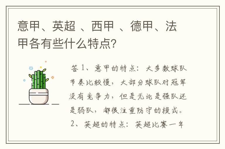 意甲、英超 、西甲 、德甲、法甲各有些什么特点？