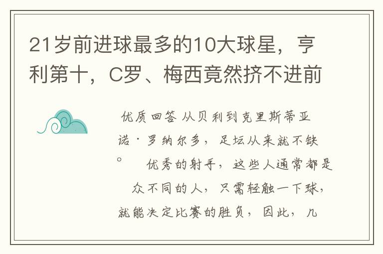 21岁前进球最多的10大球星，亨利第十，C罗、梅西竟然挤不进前五