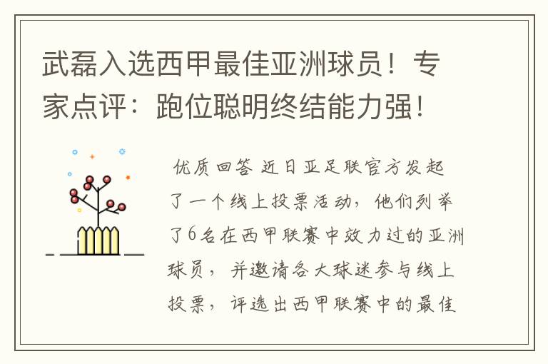 武磊入选西甲最佳亚洲球员！专家点评：跑位聪明终结能力强！你怎么看？