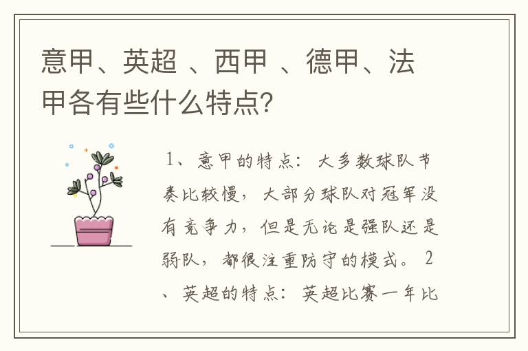 意甲、英超 、西甲 、德甲、法甲各有些什么特点？