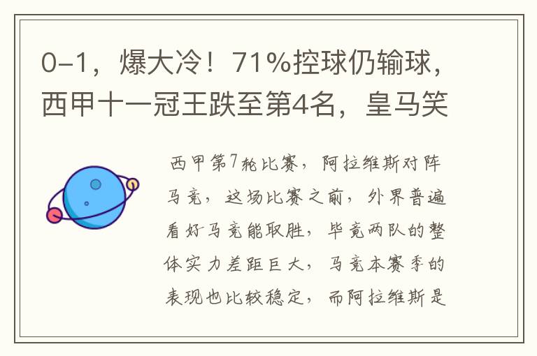 0-1，爆大冷！71%控球仍输球，西甲十一冠王跌至第4名，皇马笑了