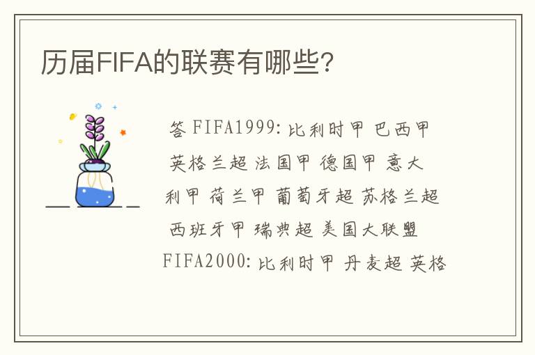 历届FIFA的联赛有哪些?