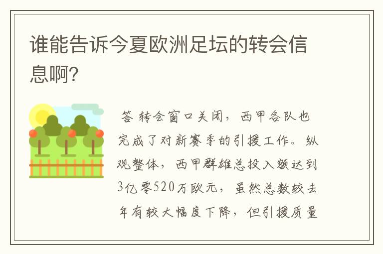 谁能告诉今夏欧洲足坛的转会信息啊？