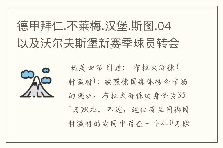 德甲拜仁.不莱梅.汉堡.斯图.04以及沃尔夫斯堡新赛季球员转会一览