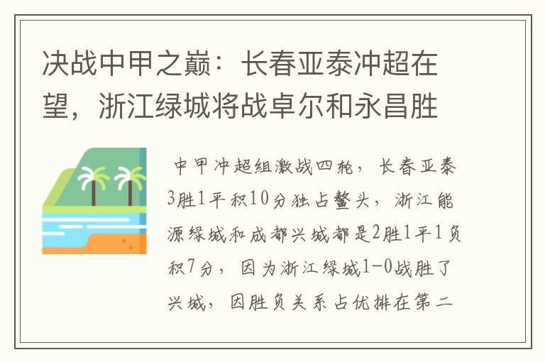 决战中甲之巅：长春亚泰冲超在望，浙江绿城将战卓尔和永昌胜者