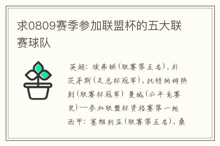 求0809赛季参加联盟杯的五大联赛球队