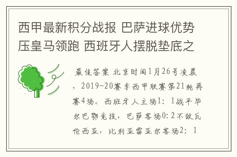 西甲最新积分战报 巴萨进球优势压皇马领跑 西班牙人摆脱垫底之位