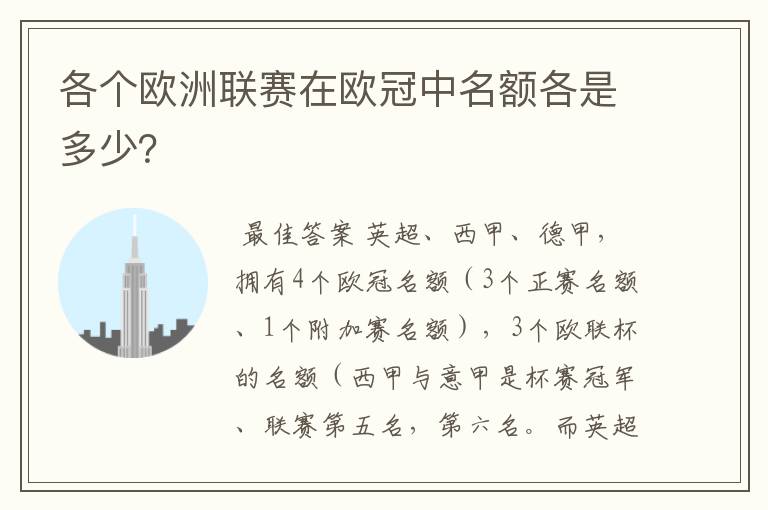 各个欧洲联赛在欧冠中名额各是多少？