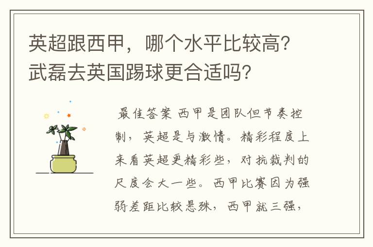 英超跟西甲，哪个水平比较高？武磊去英国踢球更合适吗？