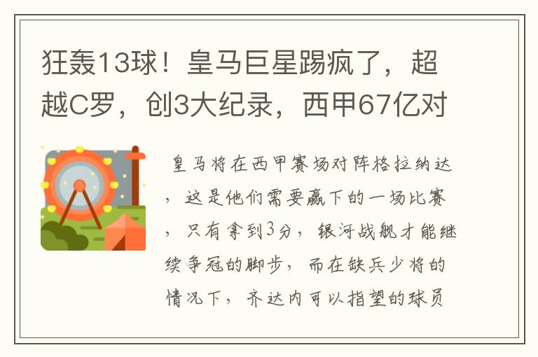 狂轰13球！皇马巨星踢疯了，超越C罗，创3大纪录，西甲67亿对决