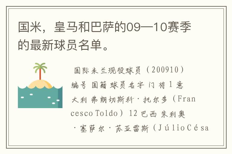 国米，皇马和巴萨的09—10赛季的最新球员名单。