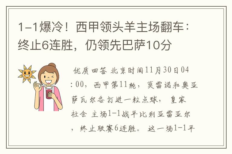 1-1爆冷！西甲领头羊主场翻车：终止6连胜，仍领先巴萨10分