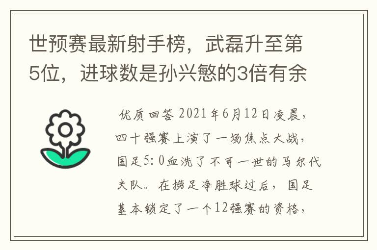 世预赛最新射手榜，武磊升至第5位，进球数是孙兴慜的3倍有余