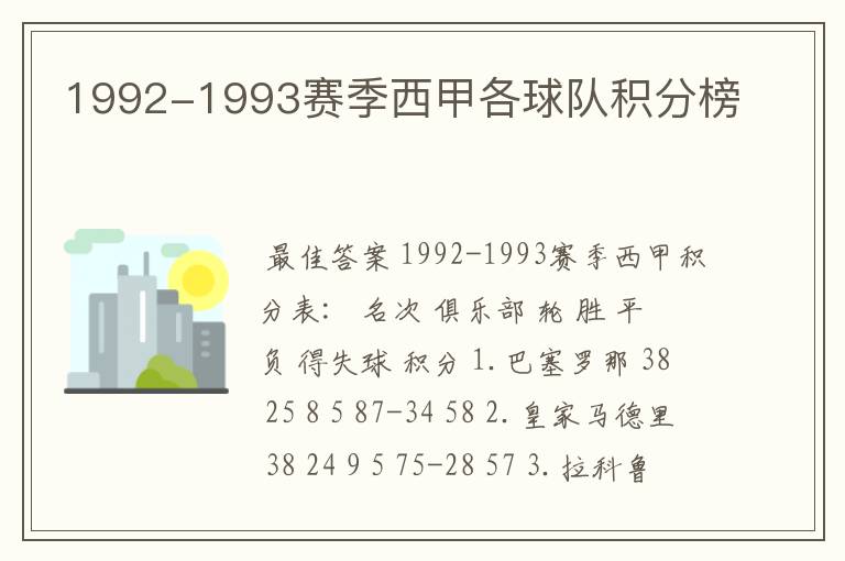 1992-1993赛季西甲各球队积分榜