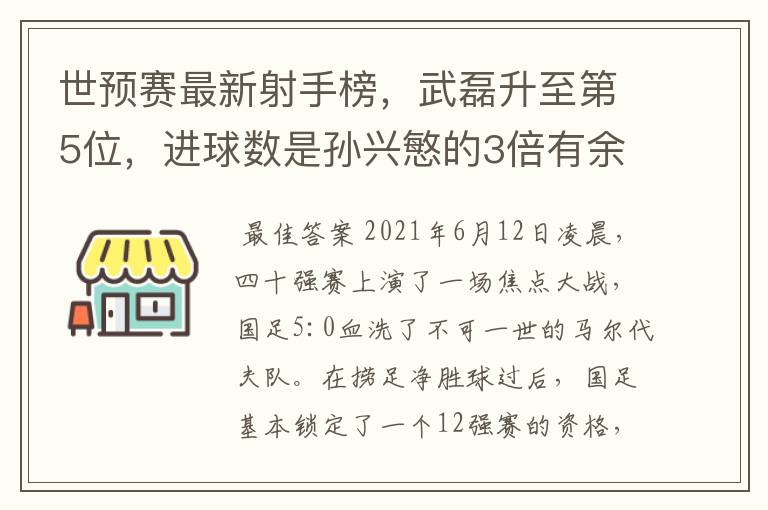 世预赛最新射手榜，武磊升至第5位，进球数是孙兴慜的3倍有余