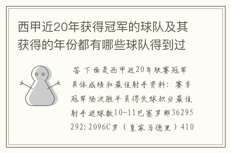 西甲近20年获得冠军的球队及其获得的年份都有哪些球队得到过意大利