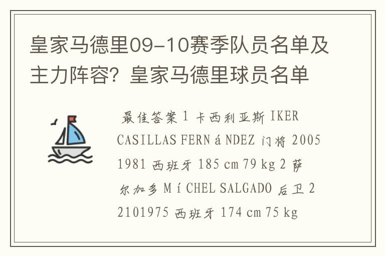 皇家马德里09-10赛季队员名单及主力阵容？皇家马德里球员名单