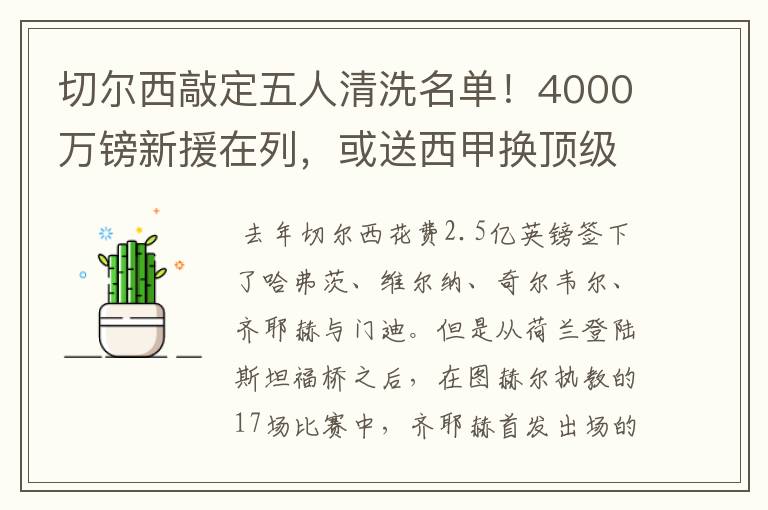 切尔西敲定五人清洗名单！4000万镑新援在列，或送西甲换顶级铁闸