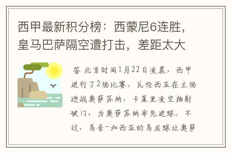 西甲最新积分榜：西蒙尼6连胜，皇马巴萨隔空遭打击，差距太大