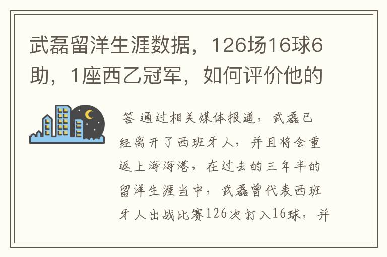 武磊留洋生涯数据，126场16球6助，1座西乙冠军，如何评价他的表现？