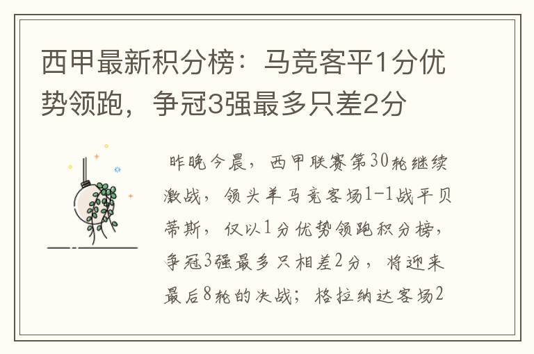 西甲最新积分榜：马竞客平1分优势领跑，争冠3强最多只差2分