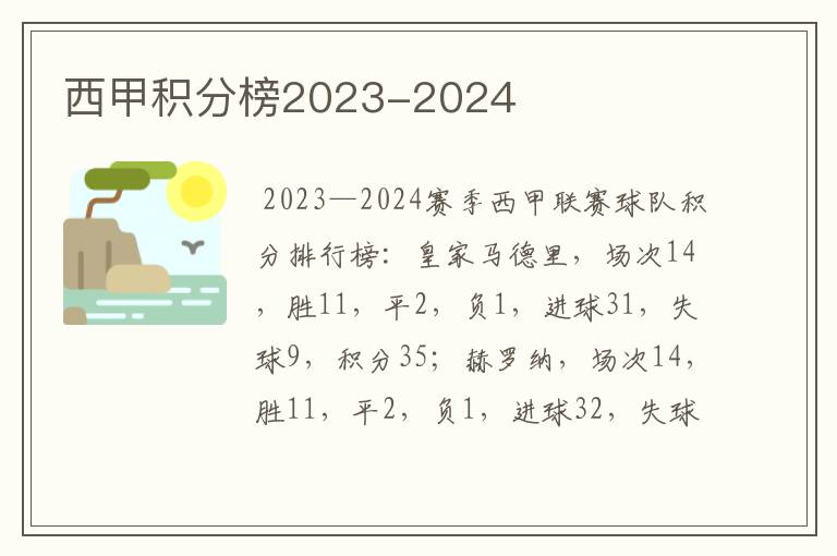 西甲积分榜2023-2024