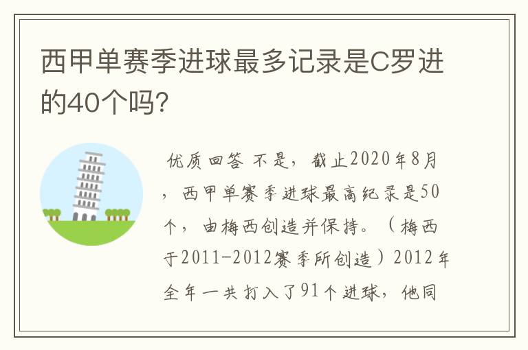 西甲单赛季进球最多记录是C罗进的40个吗？