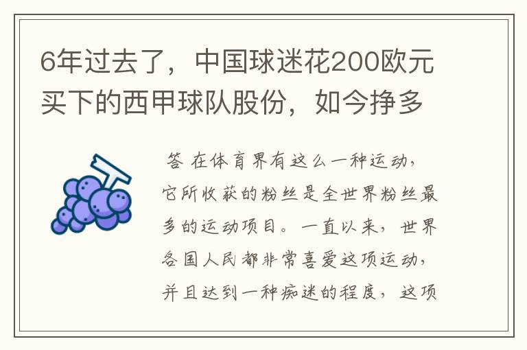 6年过去了，中国球迷花200欧元买下的西甲球队股份，如今挣多少钱？