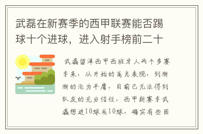 武磊在新赛季的西甲联赛能否踢球十个进球，进入射手榜前二十？