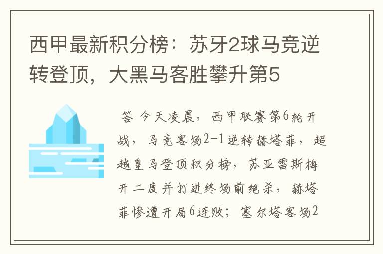 西甲最新积分榜：苏牙2球马竞逆转登顶，大黑马客胜攀升第5