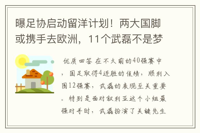 曝足协启动留洋计划！两大国脚或携手去欧洲，11个武磊不是梦