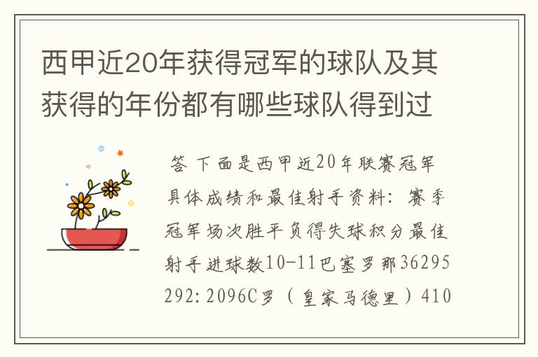 西甲近20年获得冠军的球队及其获得的年份都有哪些球队得到过意大利