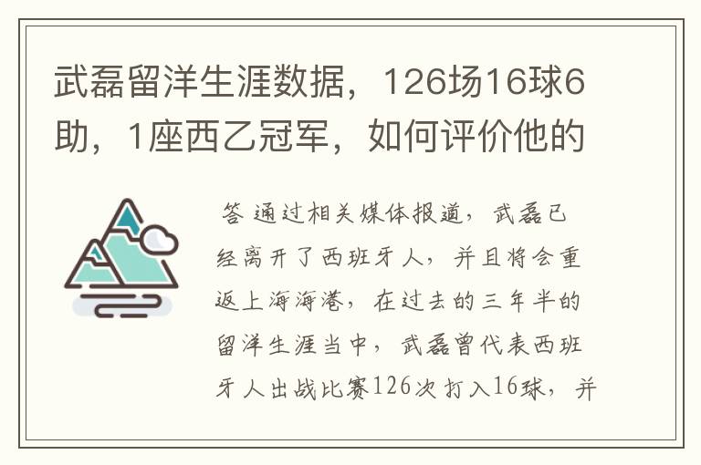 武磊留洋生涯数据，126场16球6助，1座西乙冠军，如何评价他的表现？