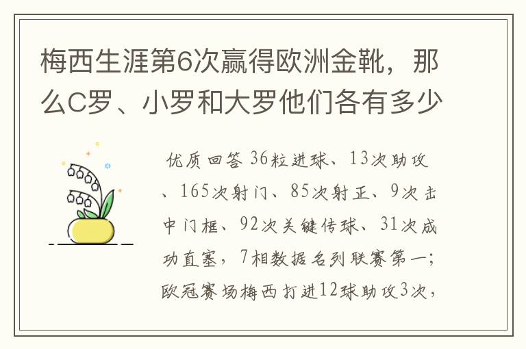 梅西生涯第6次赢得欧洲金靴，那么C罗、小罗和大罗他们各有多少次？