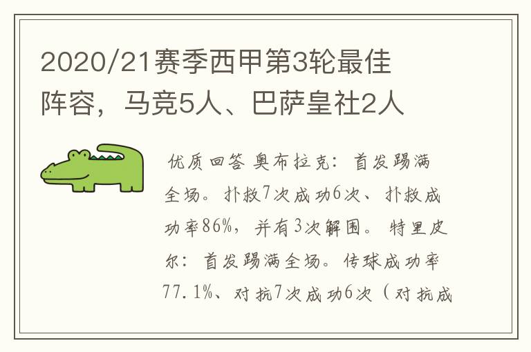 2020/21赛季西甲第3轮最佳阵容，马竞5人、巴萨皇社2人