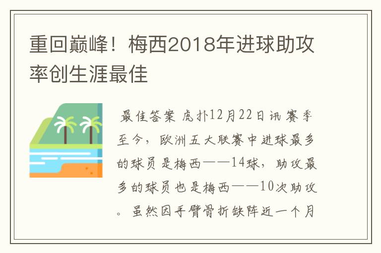 重回巅峰！梅西2018年进球助攻率创生涯最佳