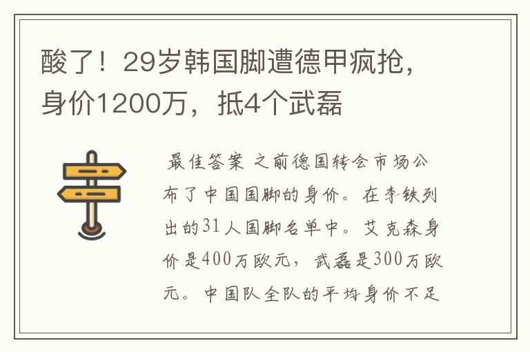 酸了！29岁韩国脚遭德甲疯抢，身价1200万，抵4个武磊