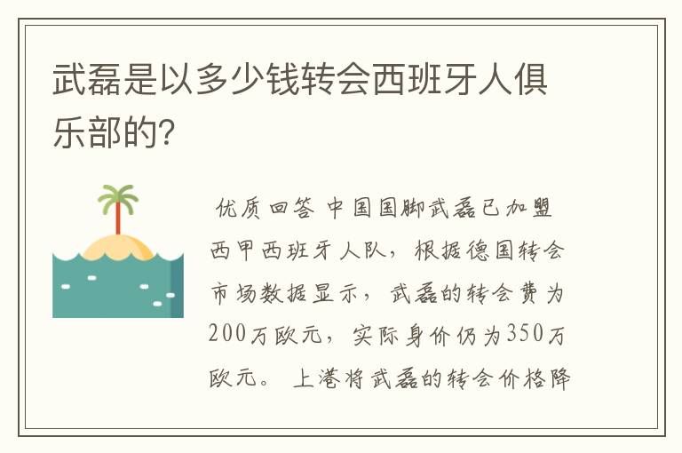 武磊是以多少钱转会西班牙人俱乐部的？