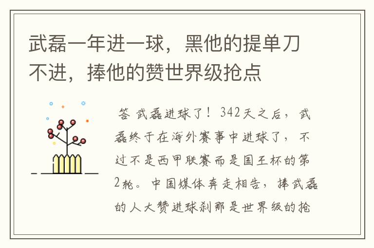 武磊一年进一球，黑他的提单刀不进，捧他的赞世界级抢点