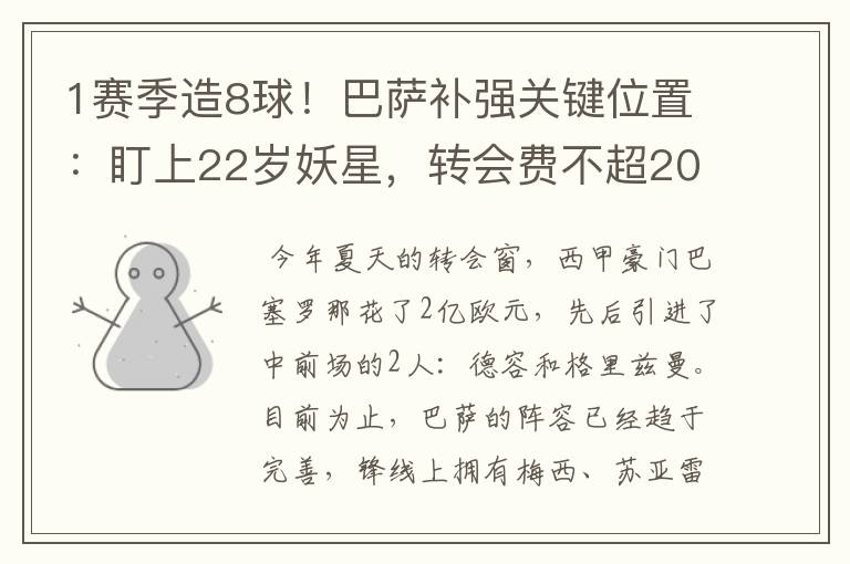 1赛季造8球！巴萨补强关键位置：盯上22岁妖星，转会费不超2000万