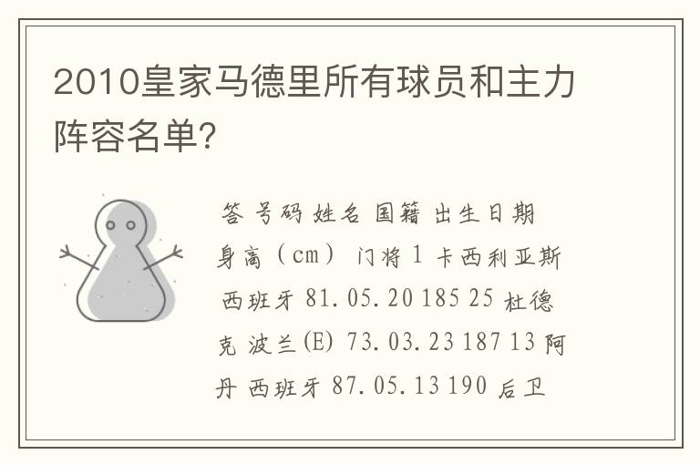 2010皇家马德里所有球员和主力阵容名单？