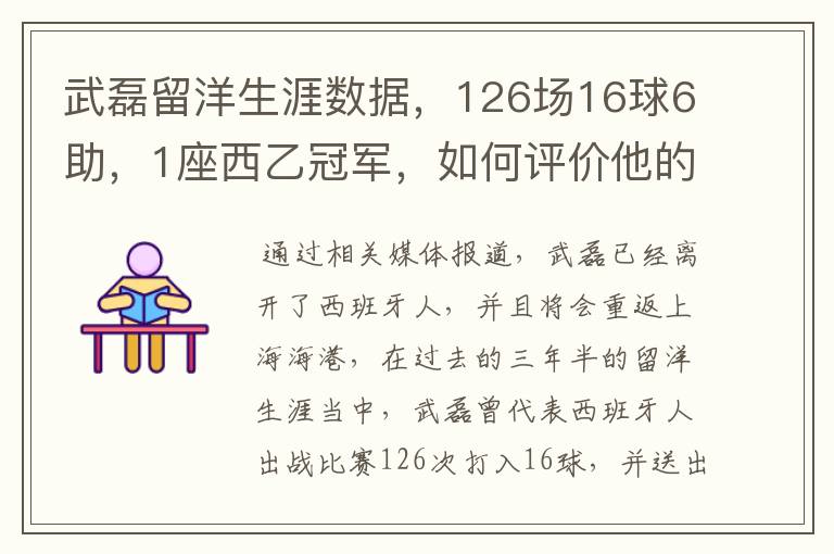 武磊留洋生涯数据，126场16球6助，1座西乙冠军，如何评价他的表现？