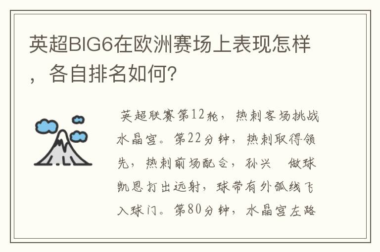 英超BIG6在欧洲赛场上表现怎样，各自排名如何？