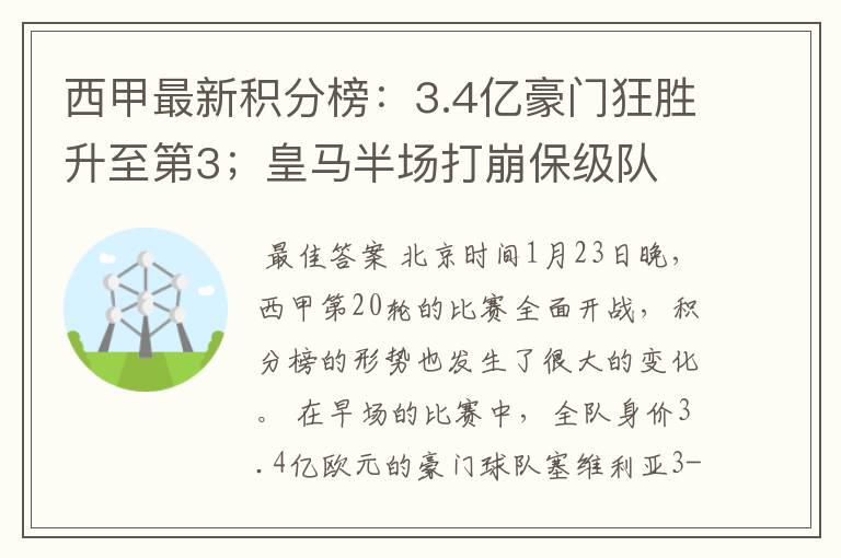 西甲最新积分榜：3.4亿豪门狂胜升至第3；皇马半场打崩保级队