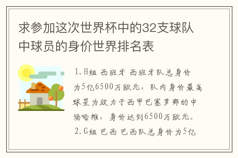 求参加这次世界杯中的32支球队中球员的身价世界排名表