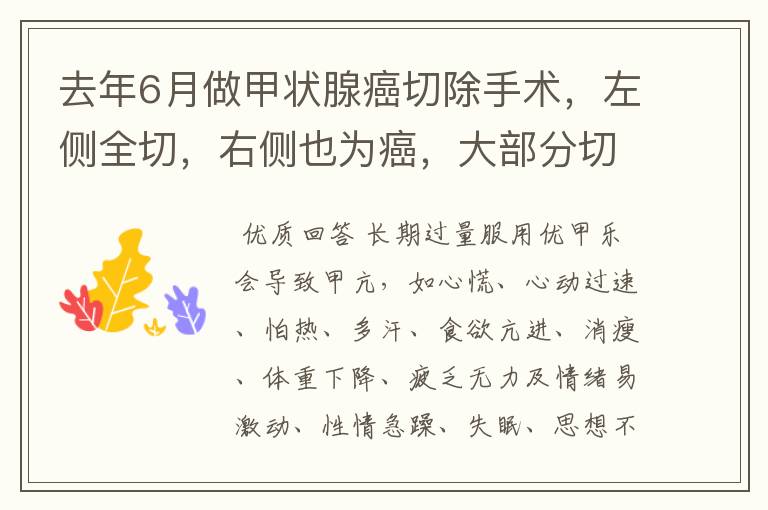 去年6月做甲状腺癌切除手术，左侧全切，右侧也为癌，大部分切除。以前我吃三片优甲乐。前几天做甲功，促甲