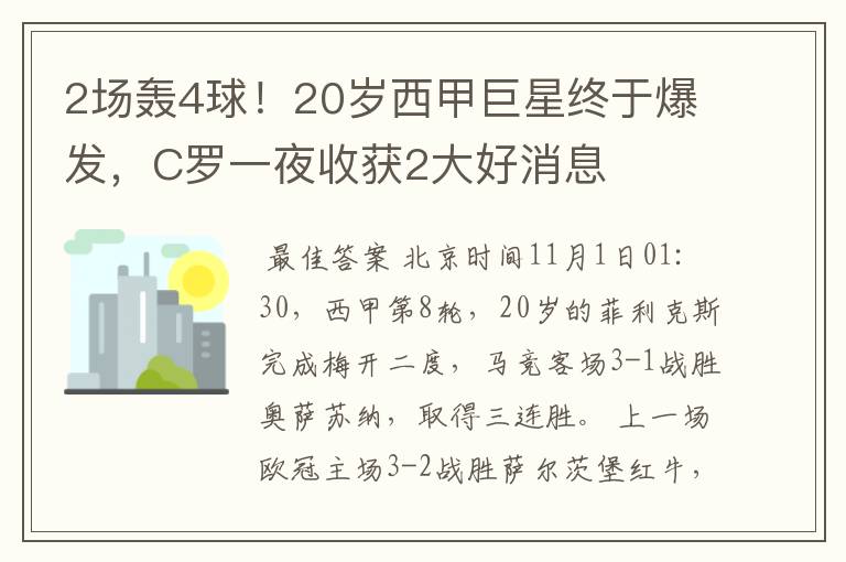 2场轰4球！20岁西甲巨星终于爆发，C罗一夜收获2大好消息