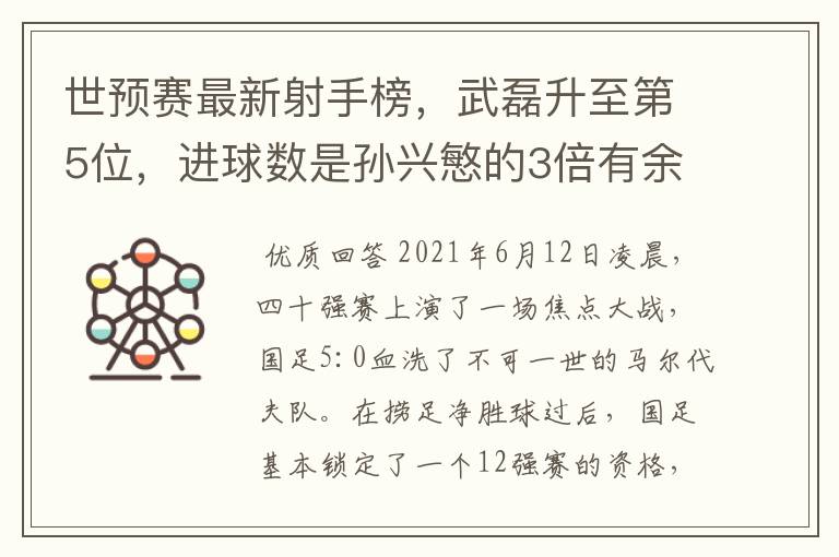 世预赛最新射手榜，武磊升至第5位，进球数是孙兴慜的3倍有余